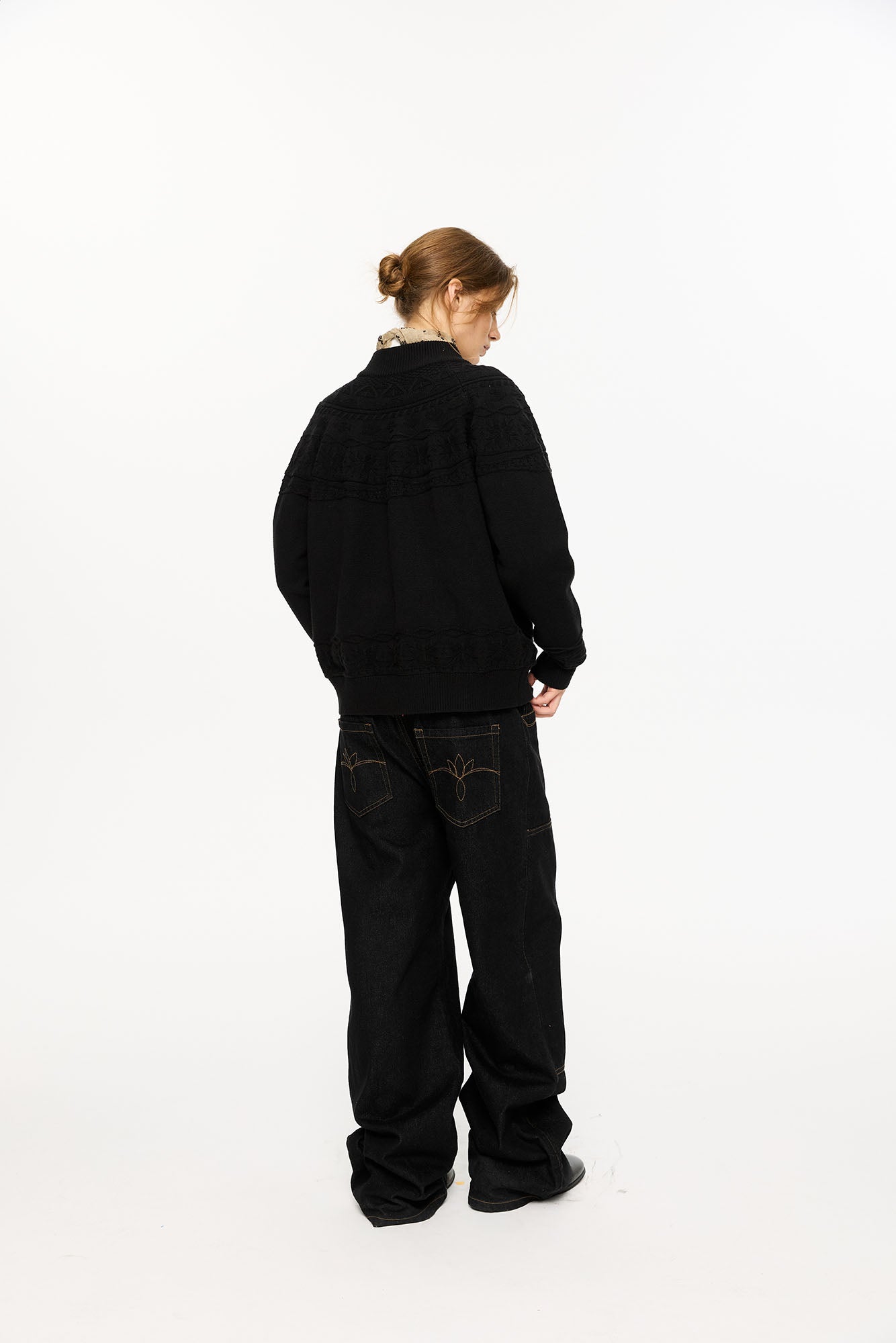 KREATE Double-Placket Jacquard Yoke Cardigan-Sweater-S-Black-Free Shipping Leatheretro