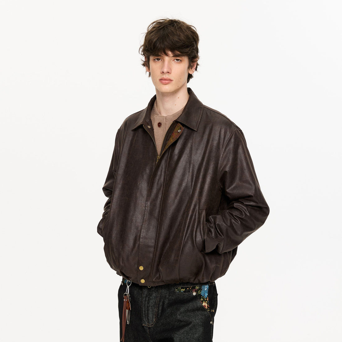 KREATE Floral-Lined Suede Bomber Jacket-Jacket-S-Coffee-Free Shipping Leatheretro