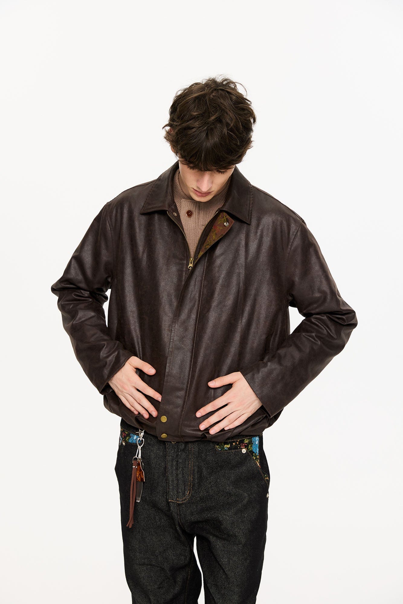 KREATE Floral-Lined Suede Bomber Jacket-Jacket-S-Coffee-Free Shipping Leatheretro