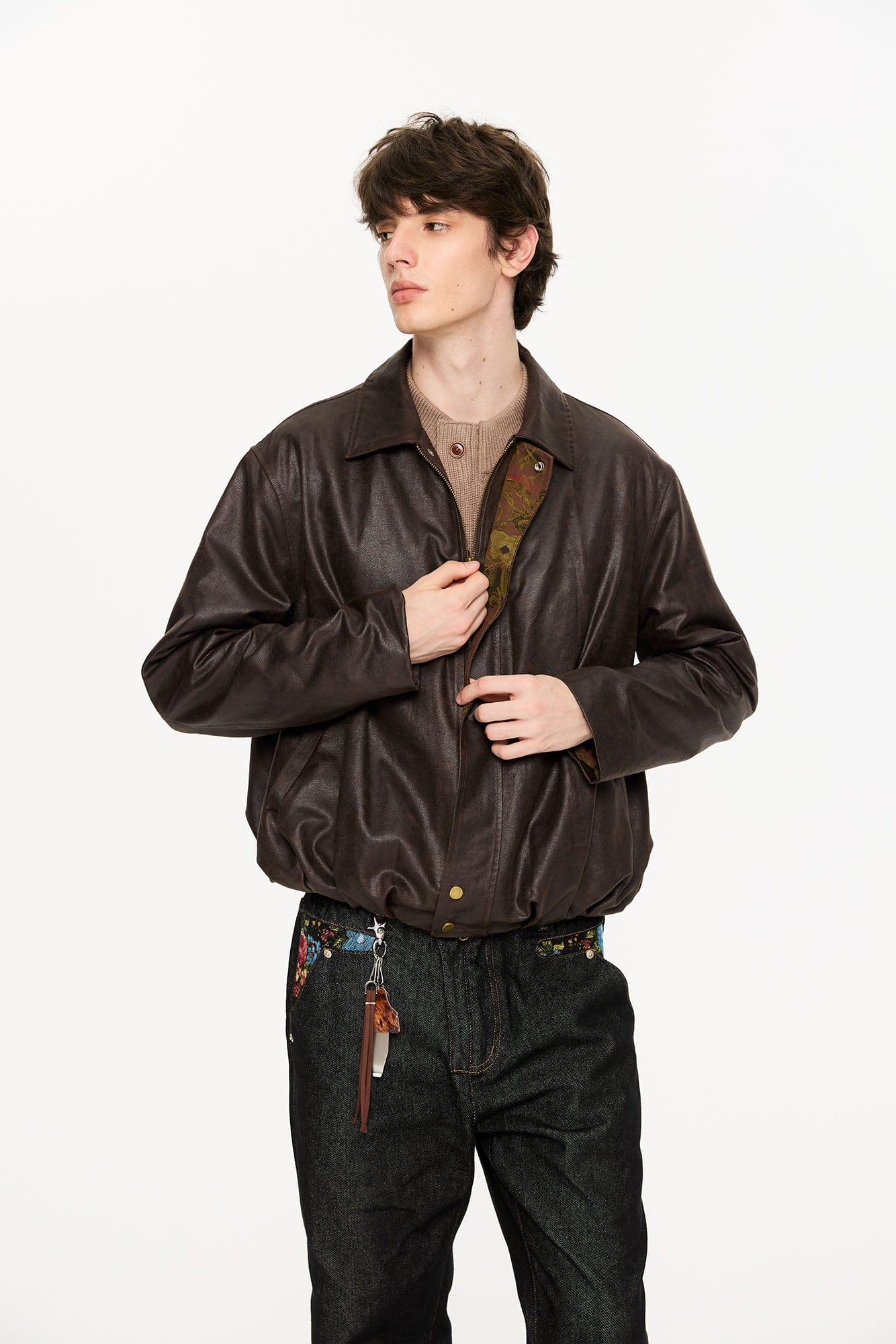 KREATE Floral-Lined Suede Bomber Jacket-Jacket-S-Coffee-Free Shipping Leatheretro