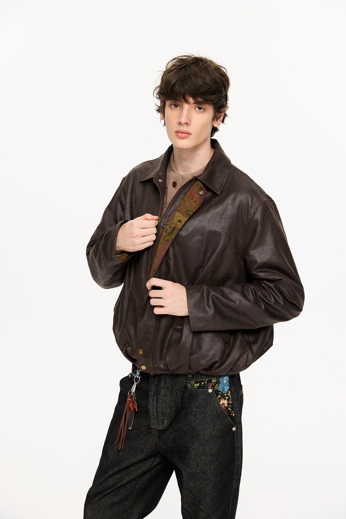 KREATE Floral-Lined Suede Bomber Jacket-Jacket-S-Coffee-Free Shipping Leatheretro