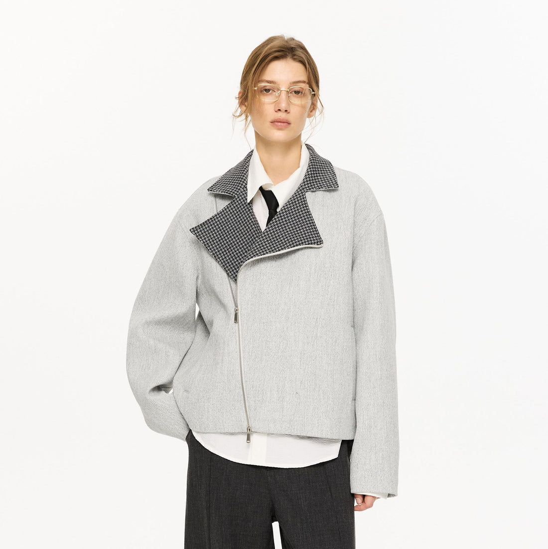 KREATE Houndstooth Wool-Blend Moto Jacket-Jacket-S-Light Gray-Free Shipping Leatheretro