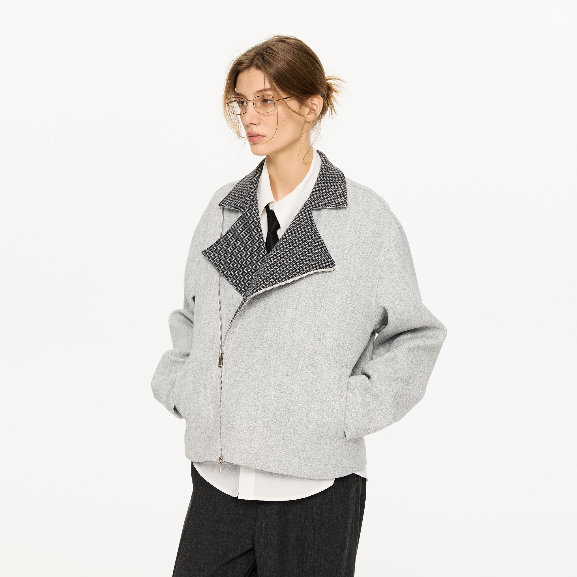 KREATE Houndstooth Wool-Blend Moto Jacket-Jacket-S-Light Gray-Free Shipping Leatheretro