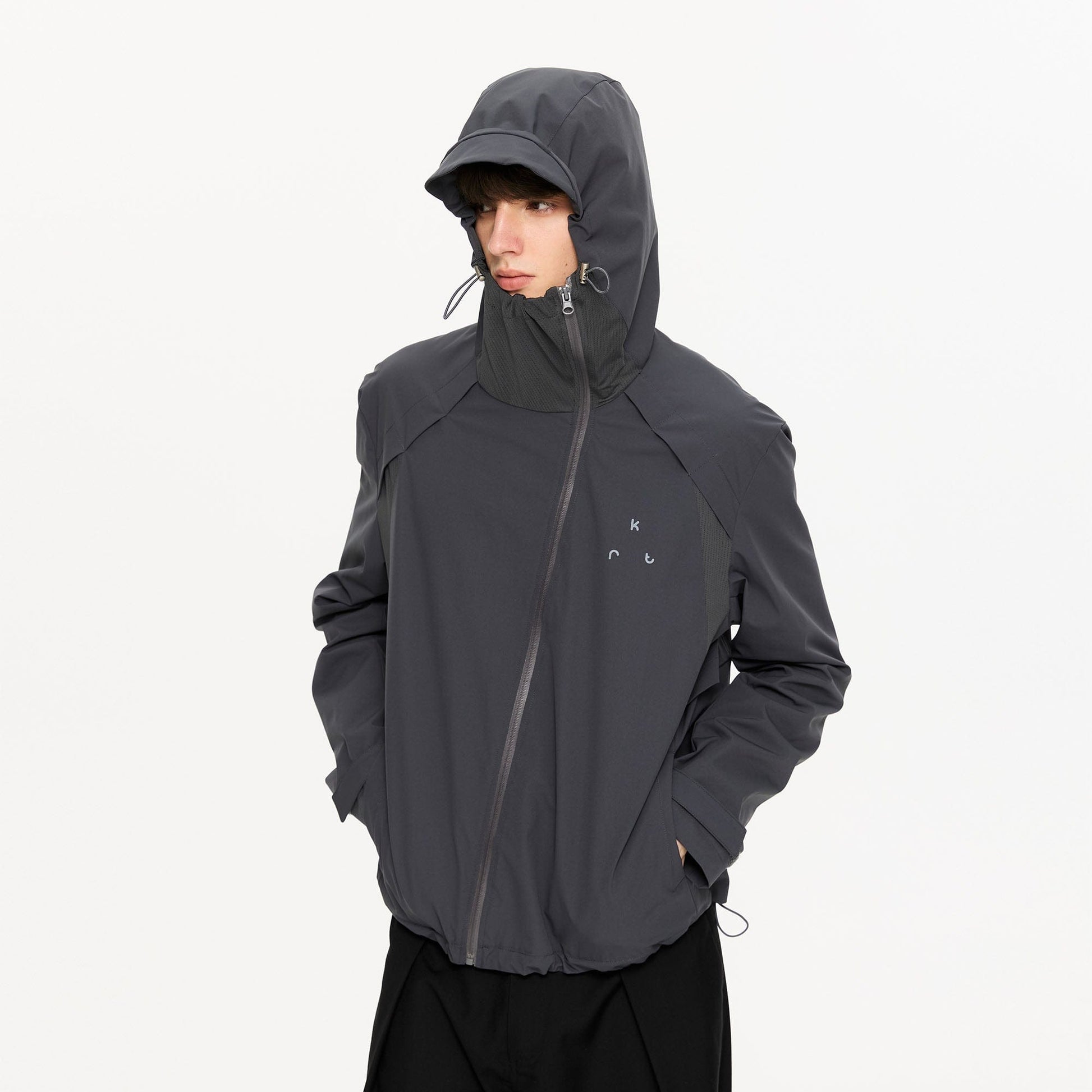 KREATE Asymmetric-Zip Teflon Hooded Jacket-Jacket-S-Dark Gray-Free Shipping Leatheretro