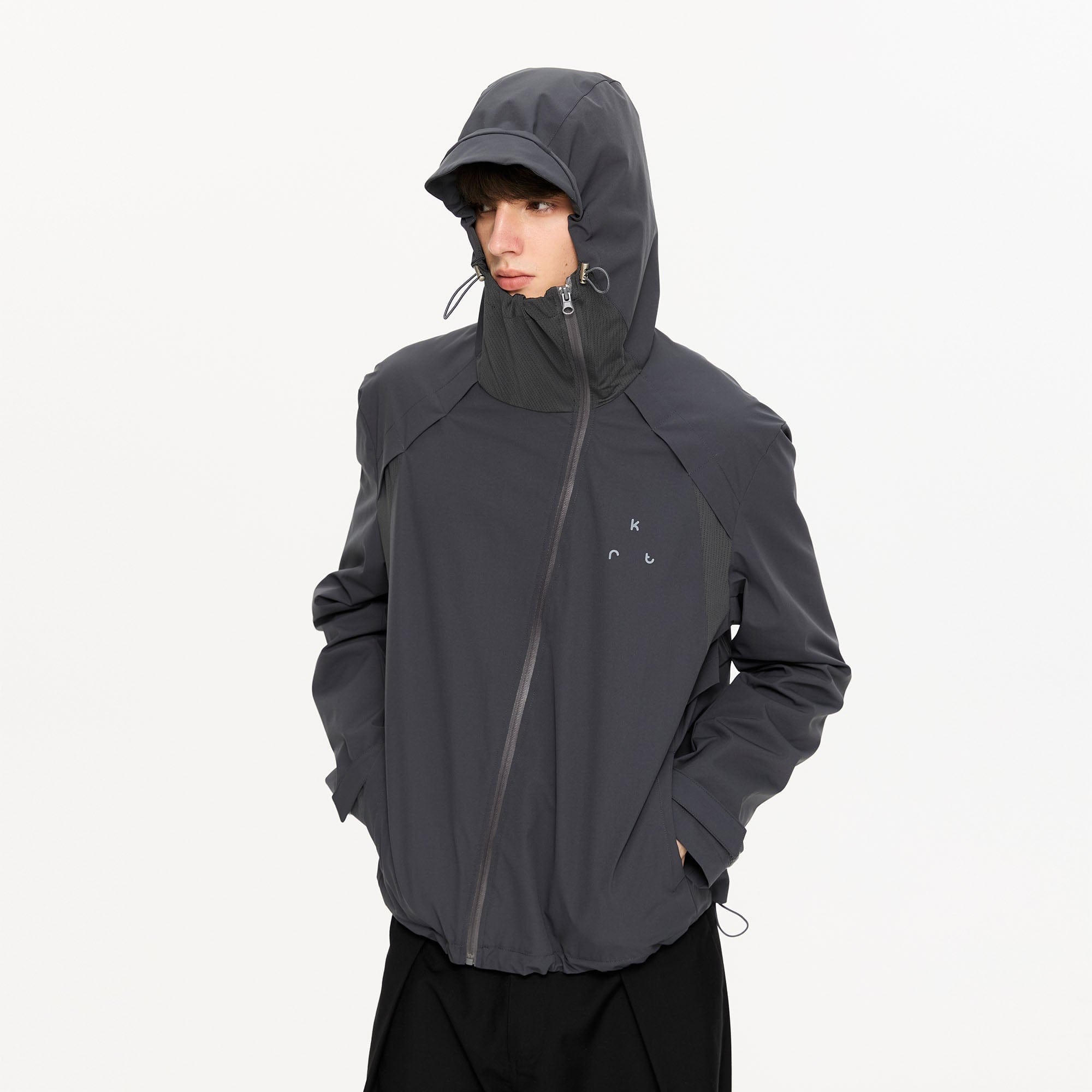 KREATE Asymmetric-Zip Teflon Hooded Jacket-Jacket-S-Dark Gray-Free Shipping Leatheretro