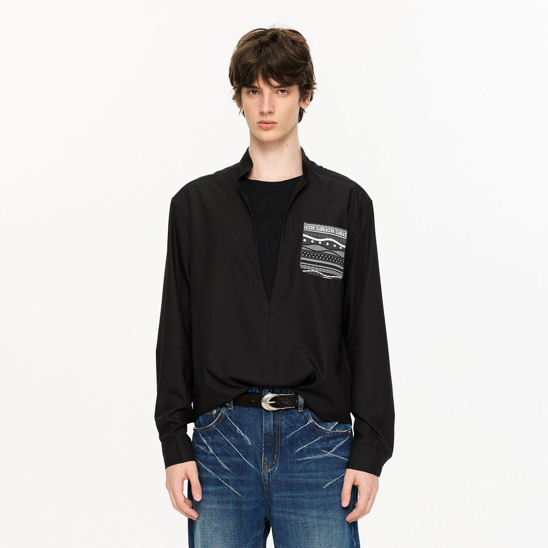 KREATE Faux Layered Fair Isle Pocket Shirt-Shirt-S-Black-Free Shipping Leatheretro