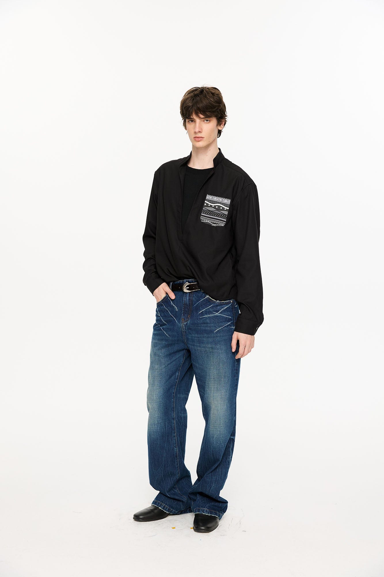 KREATE Faux Layered Fair Isle Pocket Shirt-Shirt-S-Black-Free Shipping Leatheretro