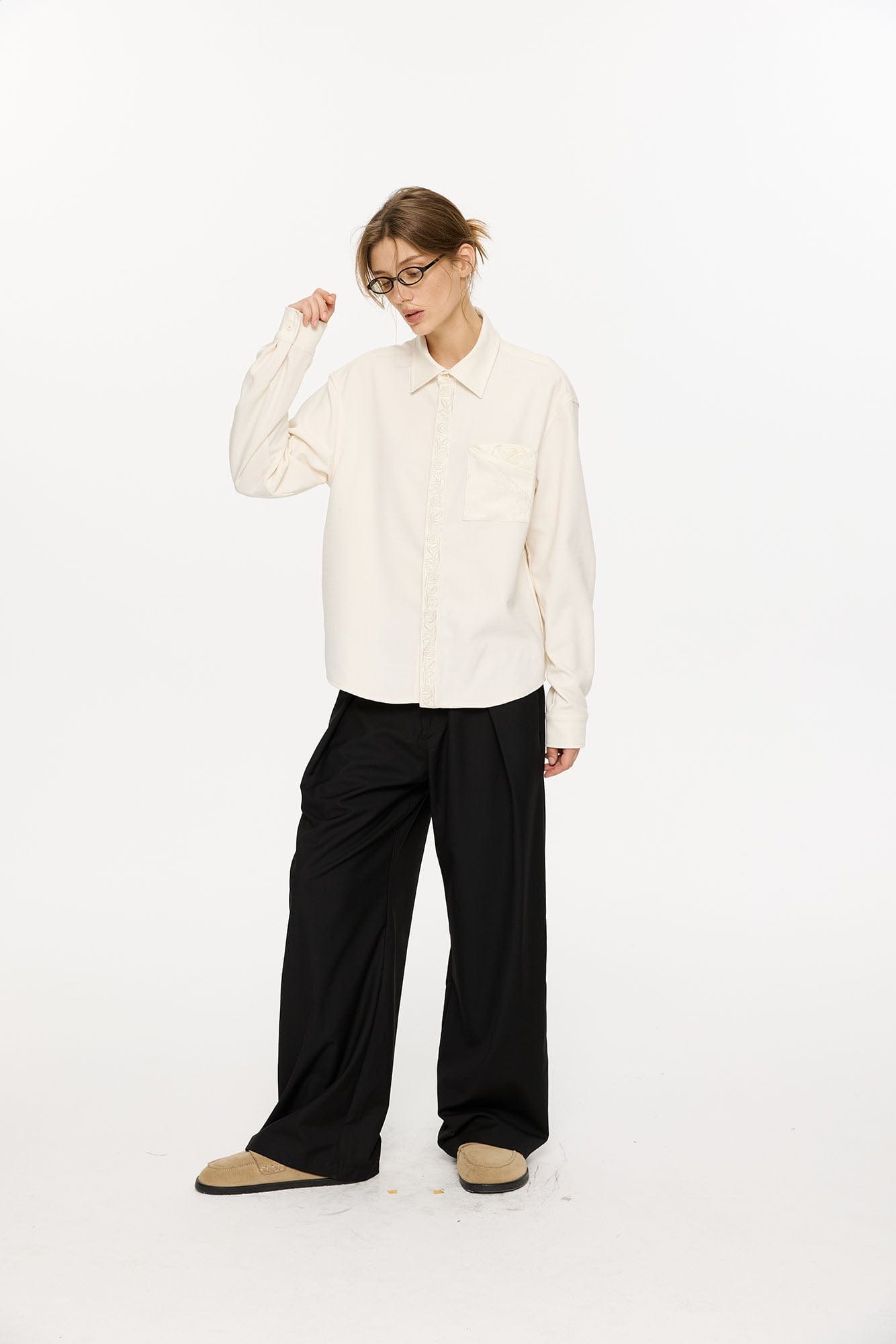 KREATE Floral Jacquard Trim Pocket Shirt-Shirt-S-Beige-Free Shipping Leatheretro