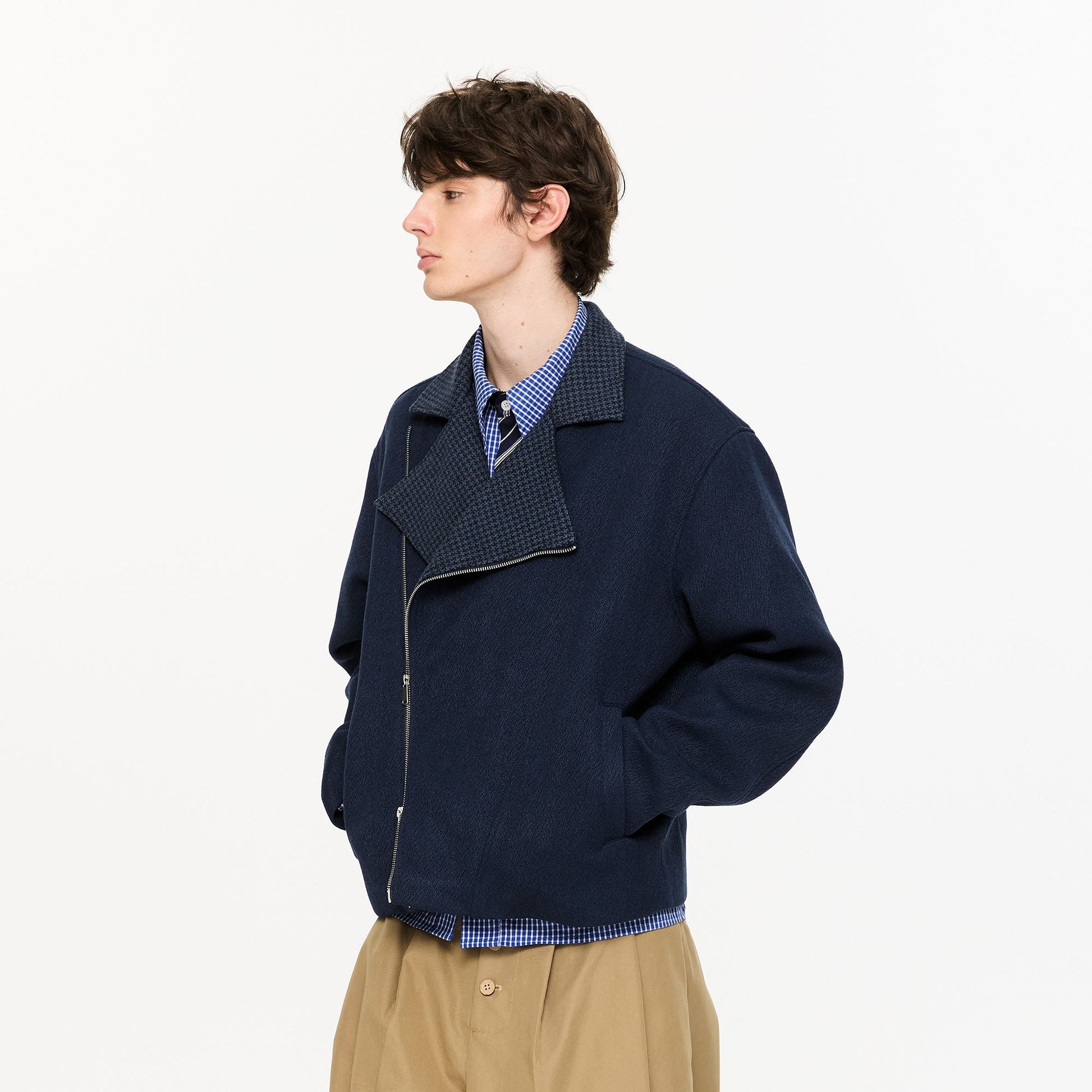 KREATE Houndstooth Wool-Blend Moto Jacket-Jacket-S-Light Gray-Free Shipping Leatheretro