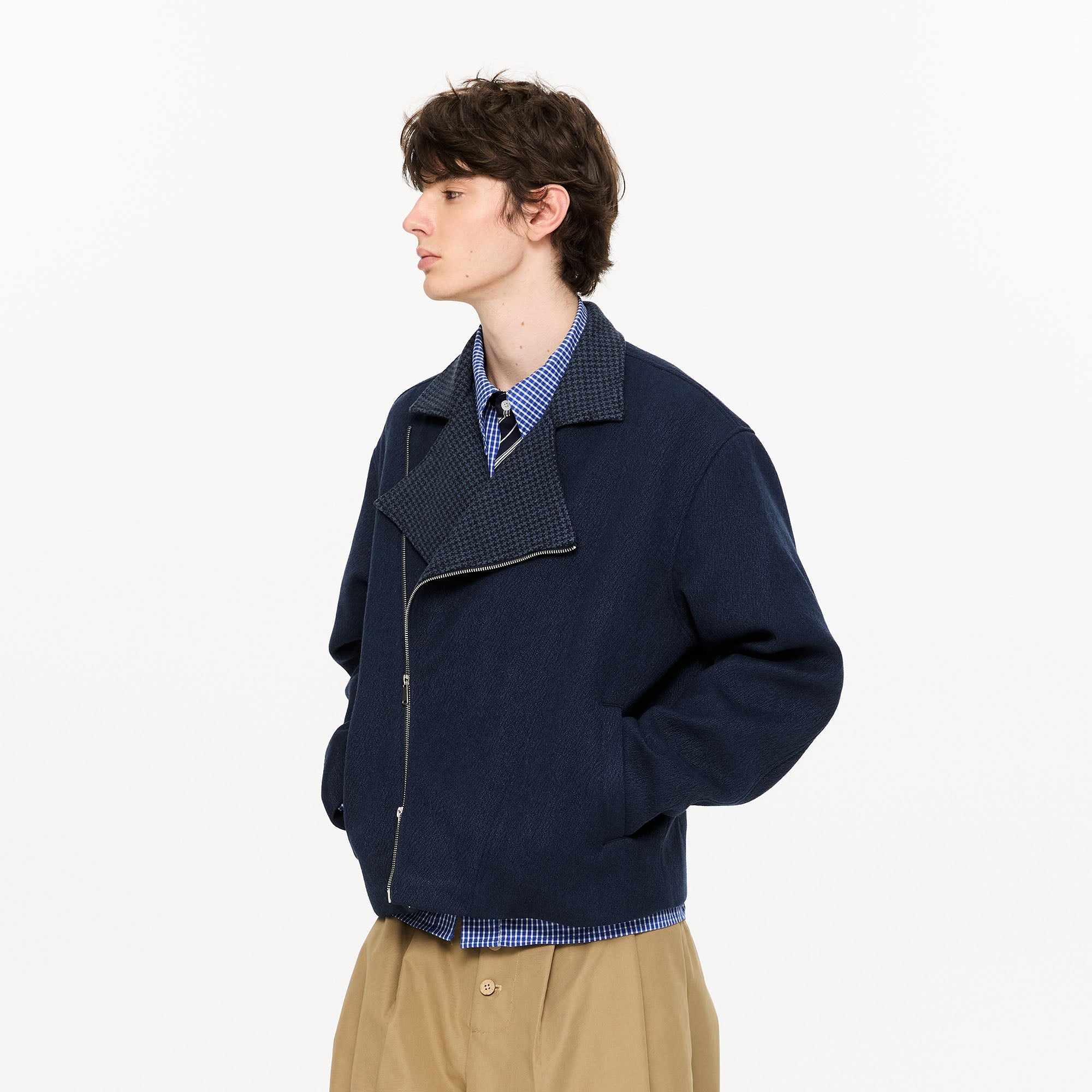 KREATE Houndstooth Wool-Blend Moto Jacket-Jacket-S-Light Gray-Free Shipping Leatheretro