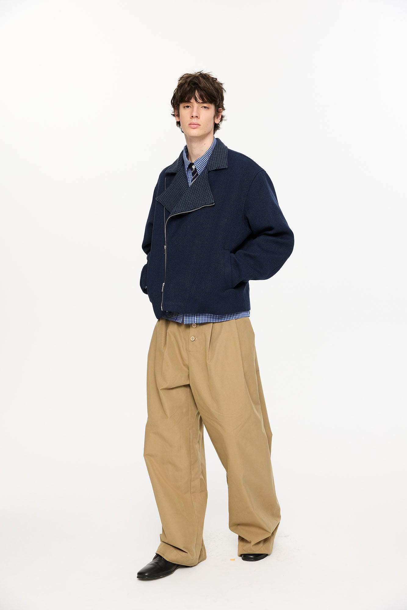 KREATE Houndstooth Wool-Blend Moto Jacket-Jacket-S-Light Gray-Free Shipping Leatheretro