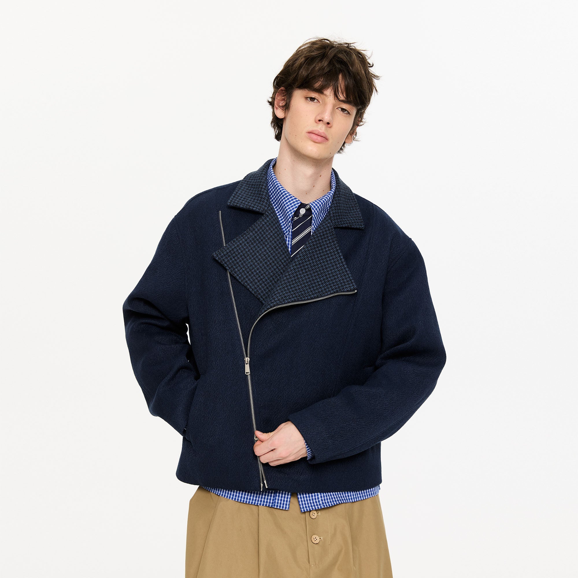 KREATE Houndstooth Wool-Blend Moto Jacket-Jacket-S-Dark Blue-Free Shipping Leatheretro