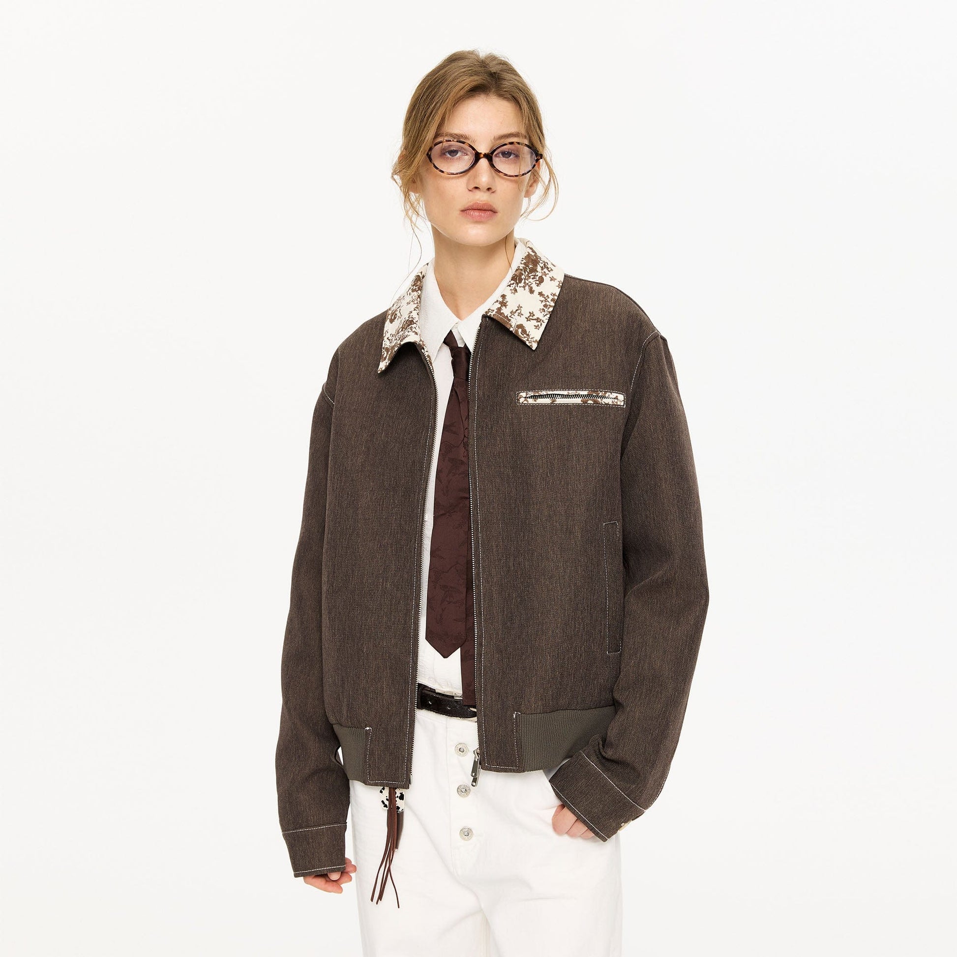 KREATE Contrast Floral Collar Jacket-Jacket-S-Coffee-Free Shipping Leatheretro