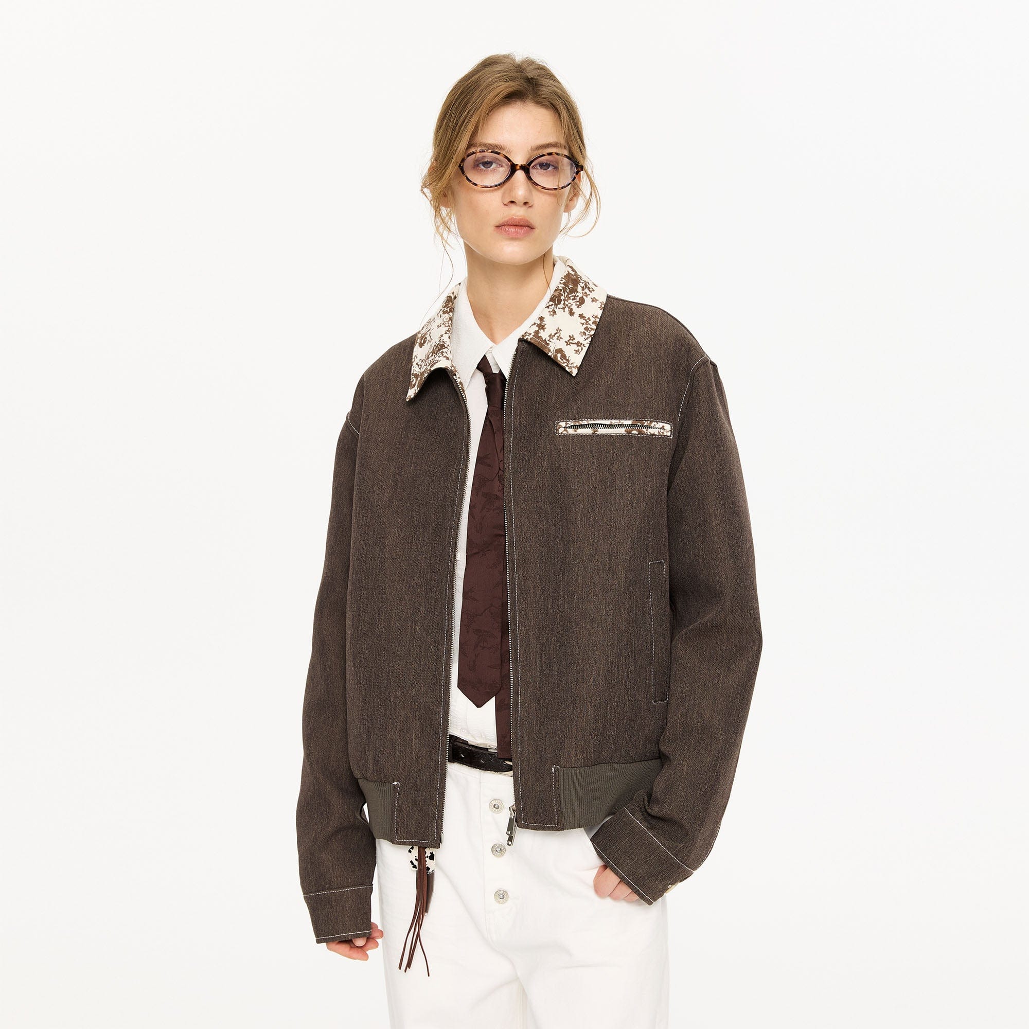 KREATE Contrast Floral Collar Jacket-Jacket-S-Coffee-Free Shipping Leatheretro