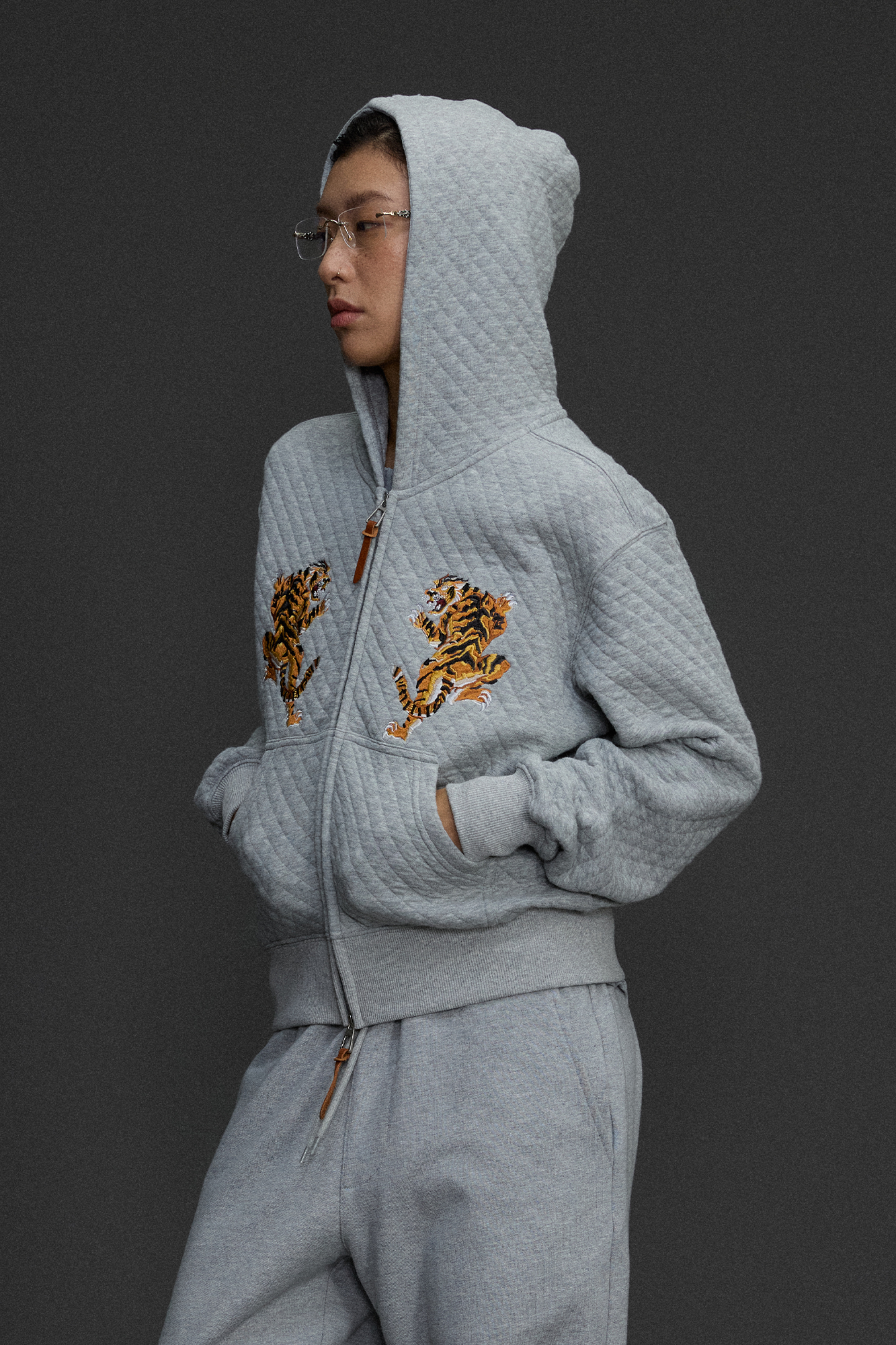 NIANJIUYIKOUER Tiger Embroidered Quilted Zip-Up Hoodie-Jacket-XXS-Gray-Free Shipping Leatheretro