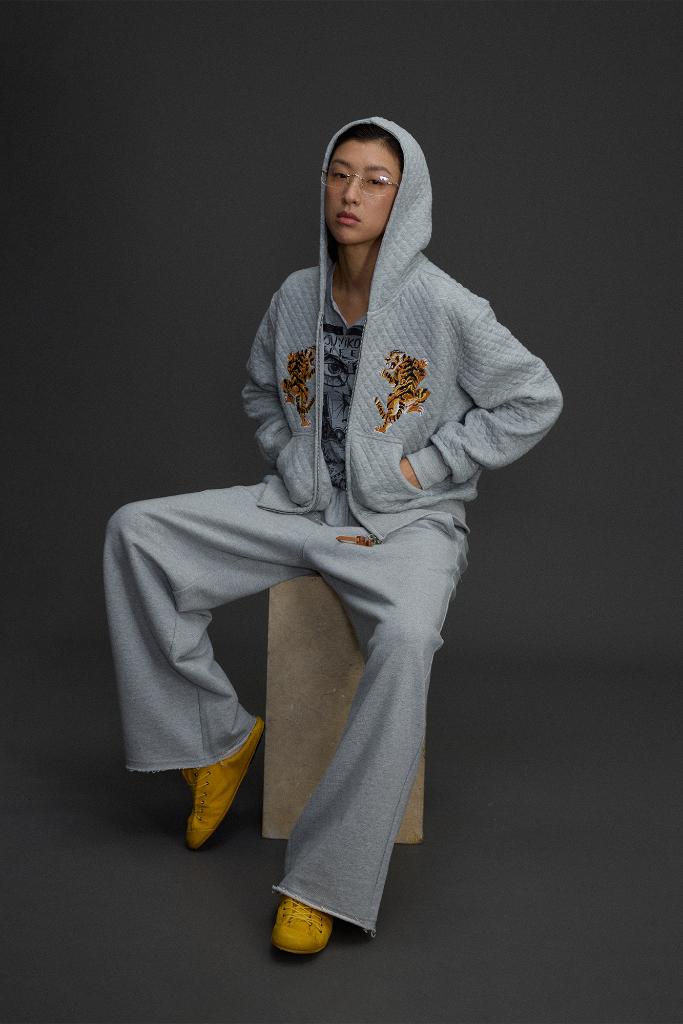 NIANJIUYIKOUER Tiger Embroidered Quilted Zip-Up Hoodie-Jacket-XXS-Gray-Free Shipping Leatheretro