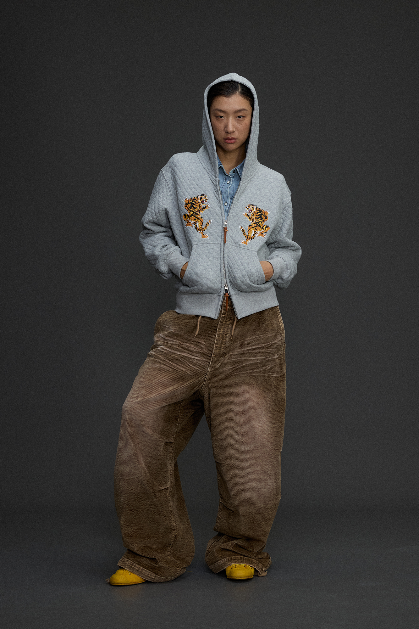 NIANJIUYIKOUER Tiger Embroidered Quilted Zip-Up Hoodie-Jacket-XXS-Gray-Free Shipping Leatheretro