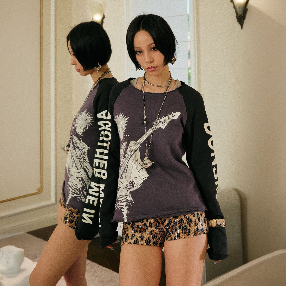 DONSMOKE ¡Á NANA Guitarist Contrast Raglan Long-Sleeve Tee-L/S Tee-S-Purple-Free Shipping Leatheretro