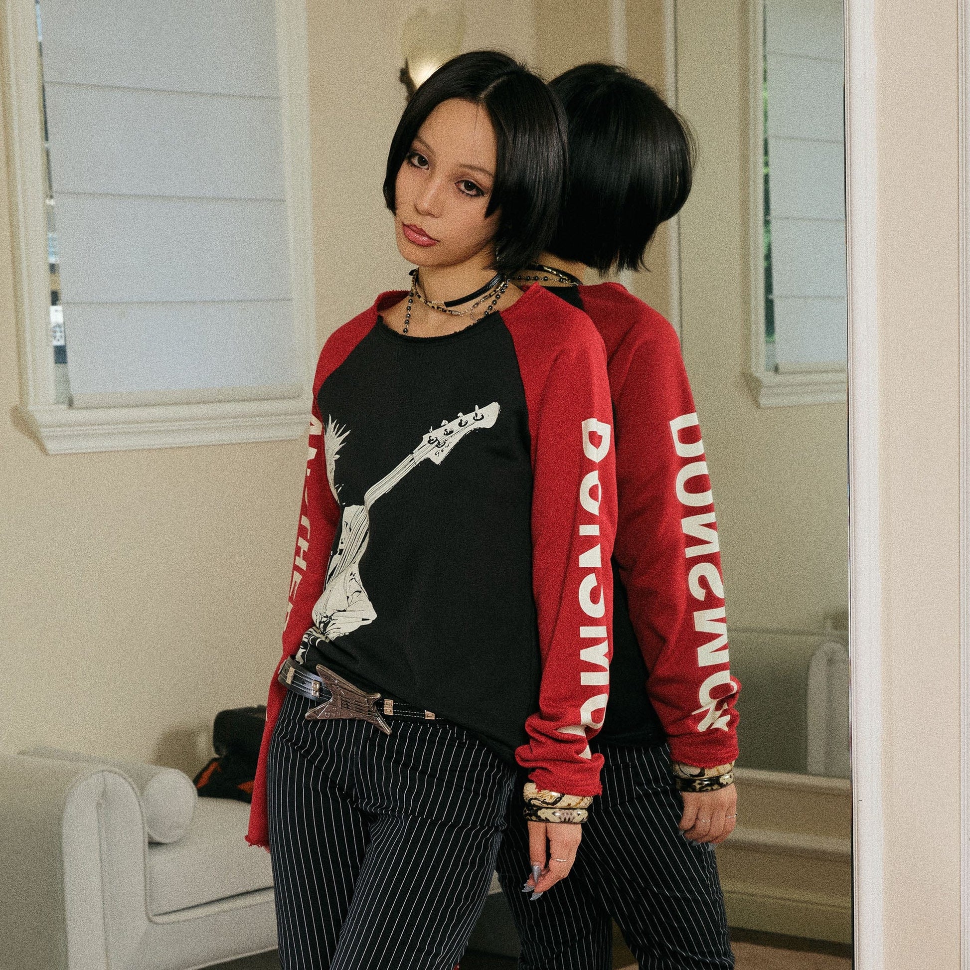 DONSMOKE ¡Á NANA Guitarist Contrast Raglan Long-Sleeve Tee-L/S Tee-S-Red-Free Shipping Leatheretro