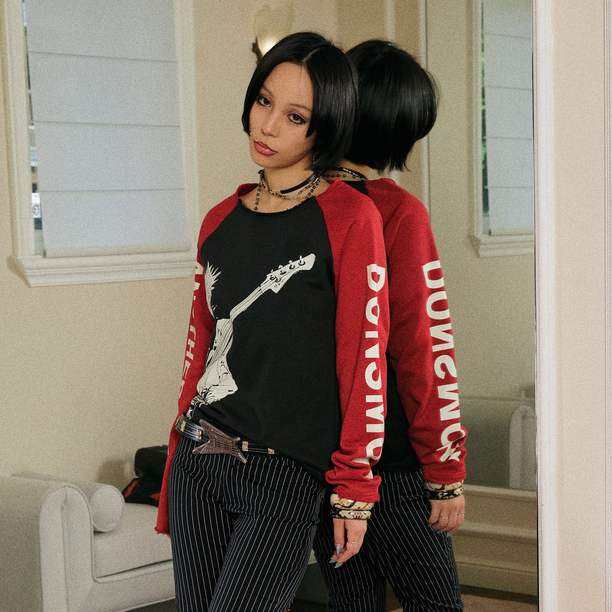DONSMOKE ¡Á NANA Guitarist Contrast Raglan Long-Sleeve Tee-L/S Tee-S-Red-Free Shipping Leatheretro