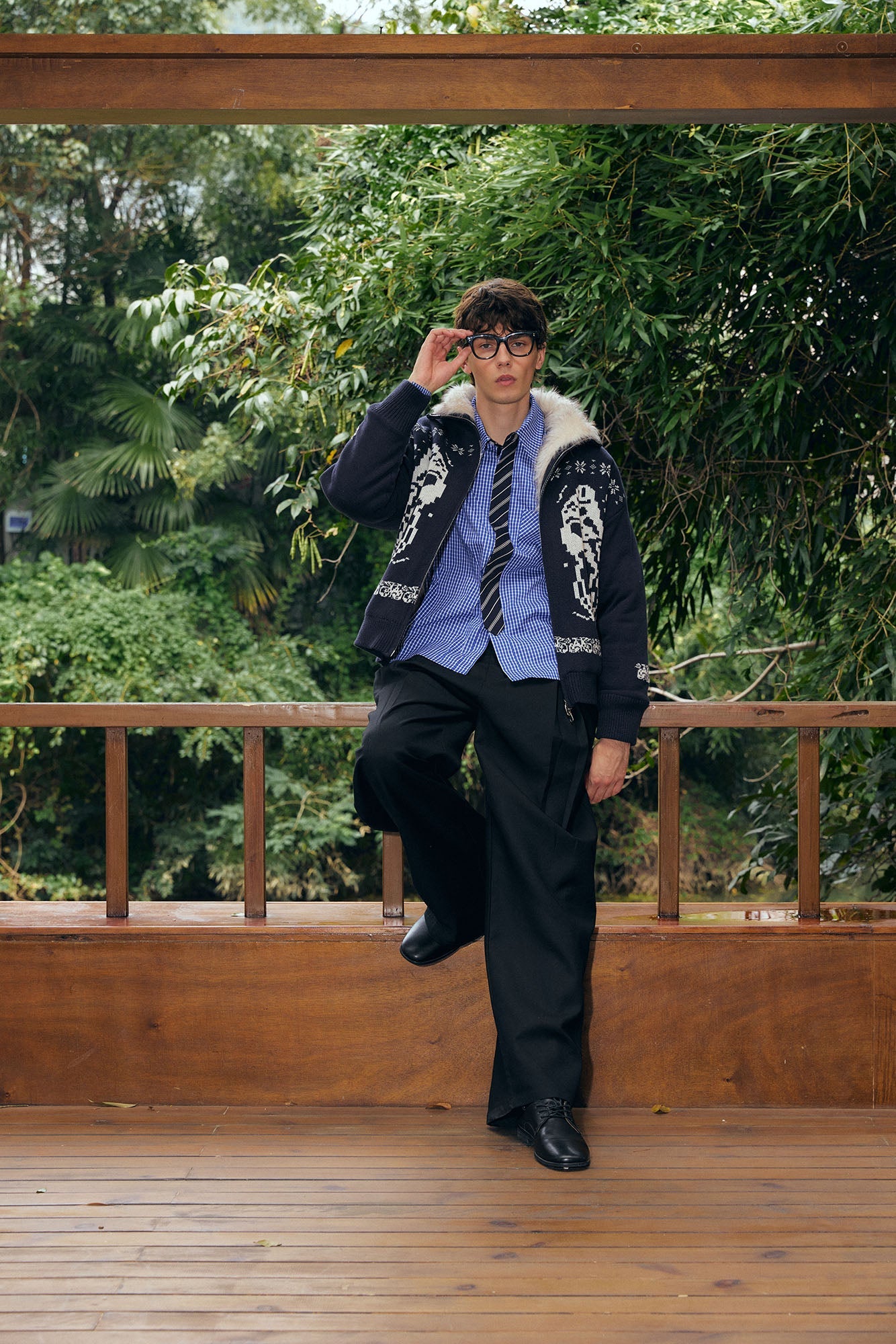 KREATE Fair Isle Faux Fur Lining Jacket-Jacket-S (Preorder)-Navy-Free Shipping Leatheretro