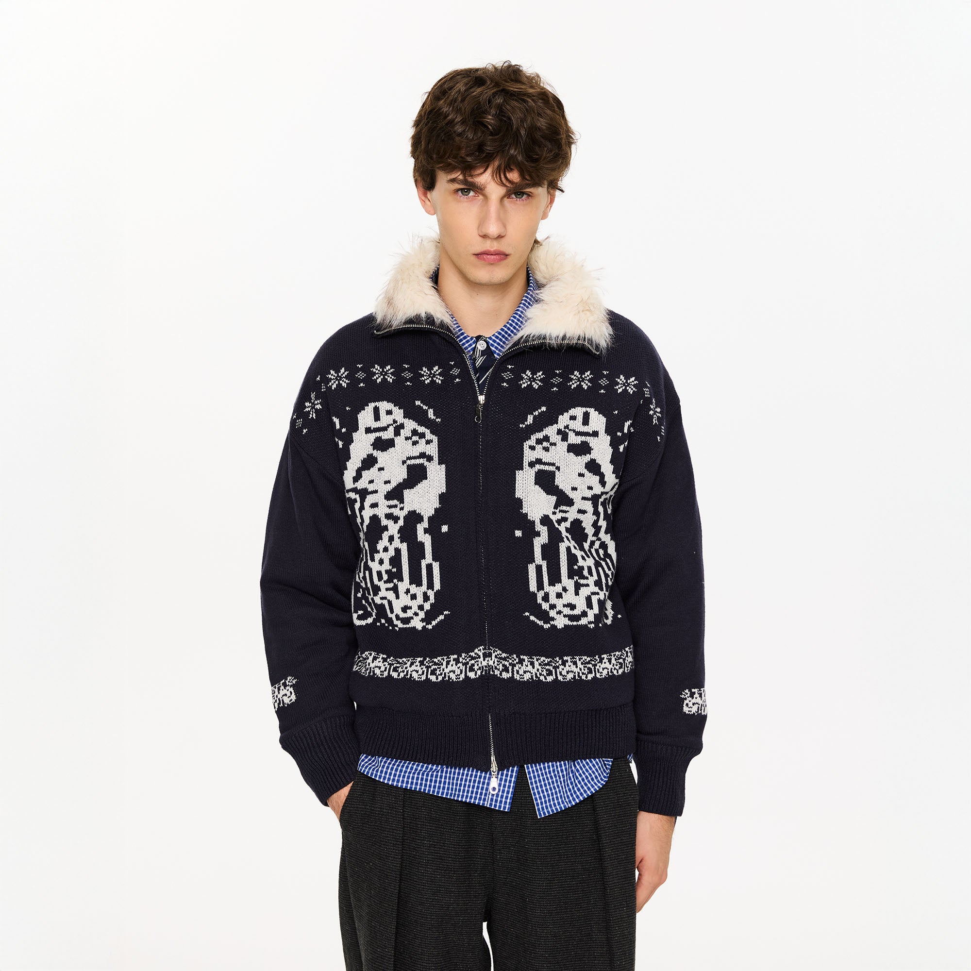 KREATE Fair Isle Faux Fur Lining Jacket-Jacket-S (Preorder)-Navy-Free Shipping Leatheretro