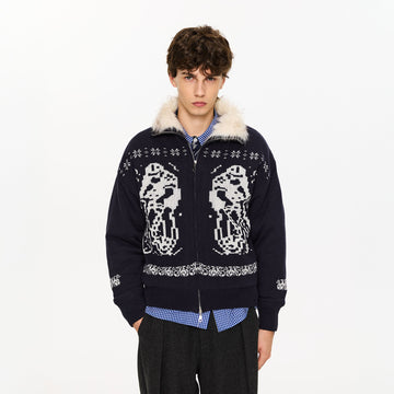 KREATE Fair Isle Faux Fur Lining Jacket-Jacket-S (Preorder)-Navy-Free Shipping Leatheretro