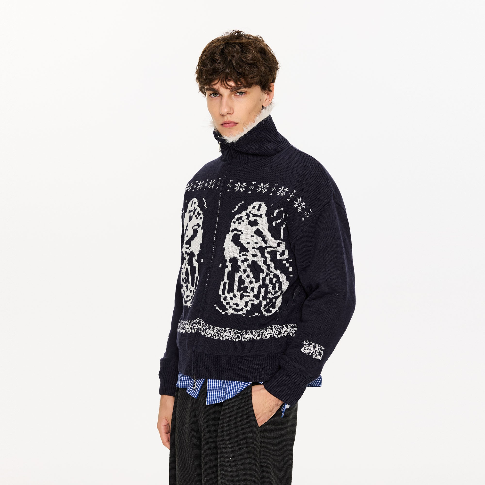 KREATE Fair Isle Faux Fur Lining Jacket-Jacket-S (Preorder)-Navy-Free Shipping Leatheretro