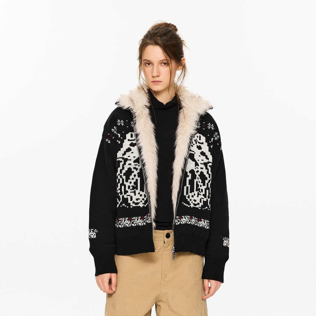 KREATE Fair Isle Faux Fur Lining Jacket-Jacket-S (Preorder)-Navy-Free Shipping Leatheretro