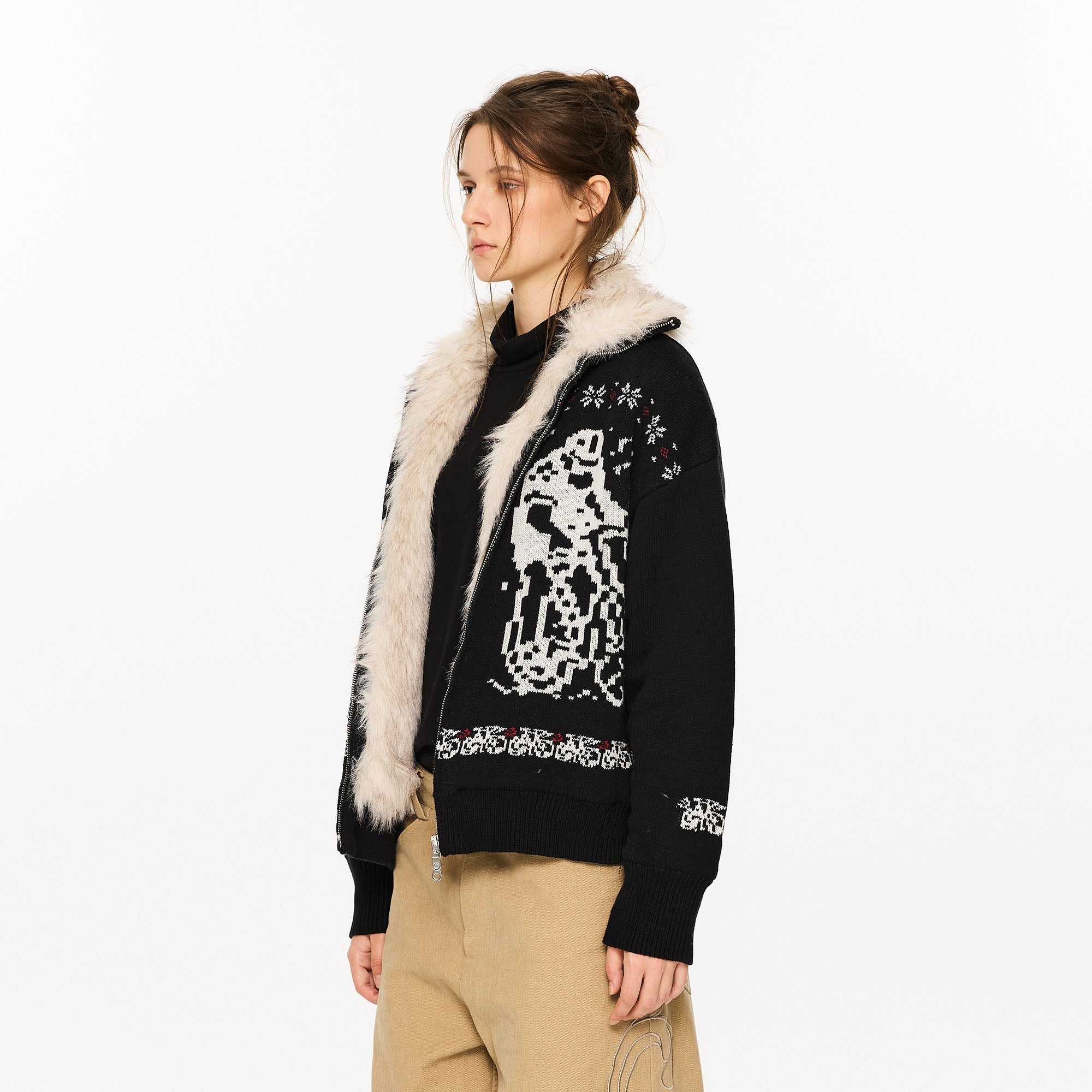KREATE Fair Isle Faux Fur Lining Jacket-Jacket-S (Preorder)-Navy-Free Shipping Leatheretro