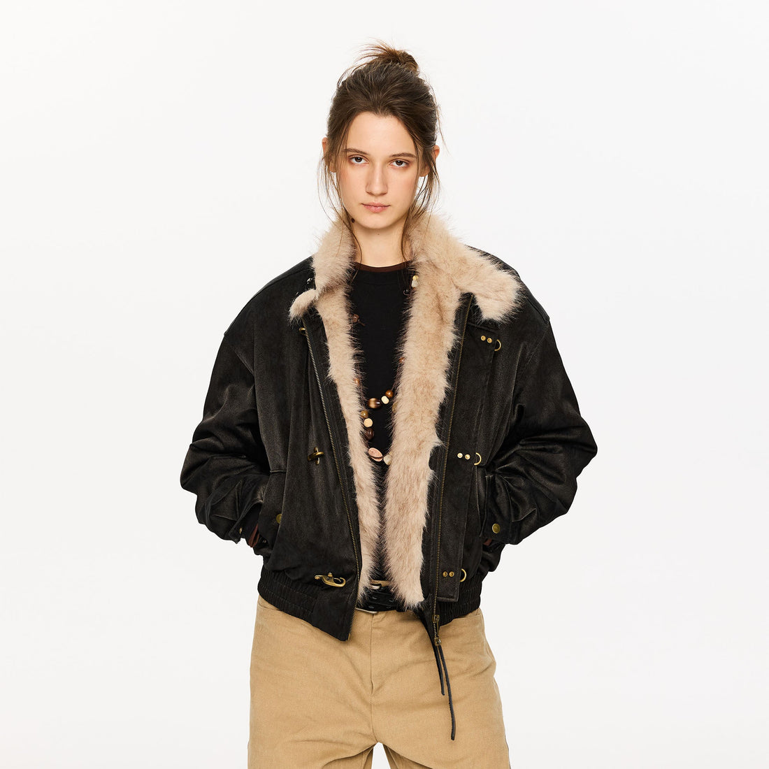 KREATE Faux Fur Lining PU Jacket-Jacket-S (Preorder)-Khaki-Free Shipping Leatheretro