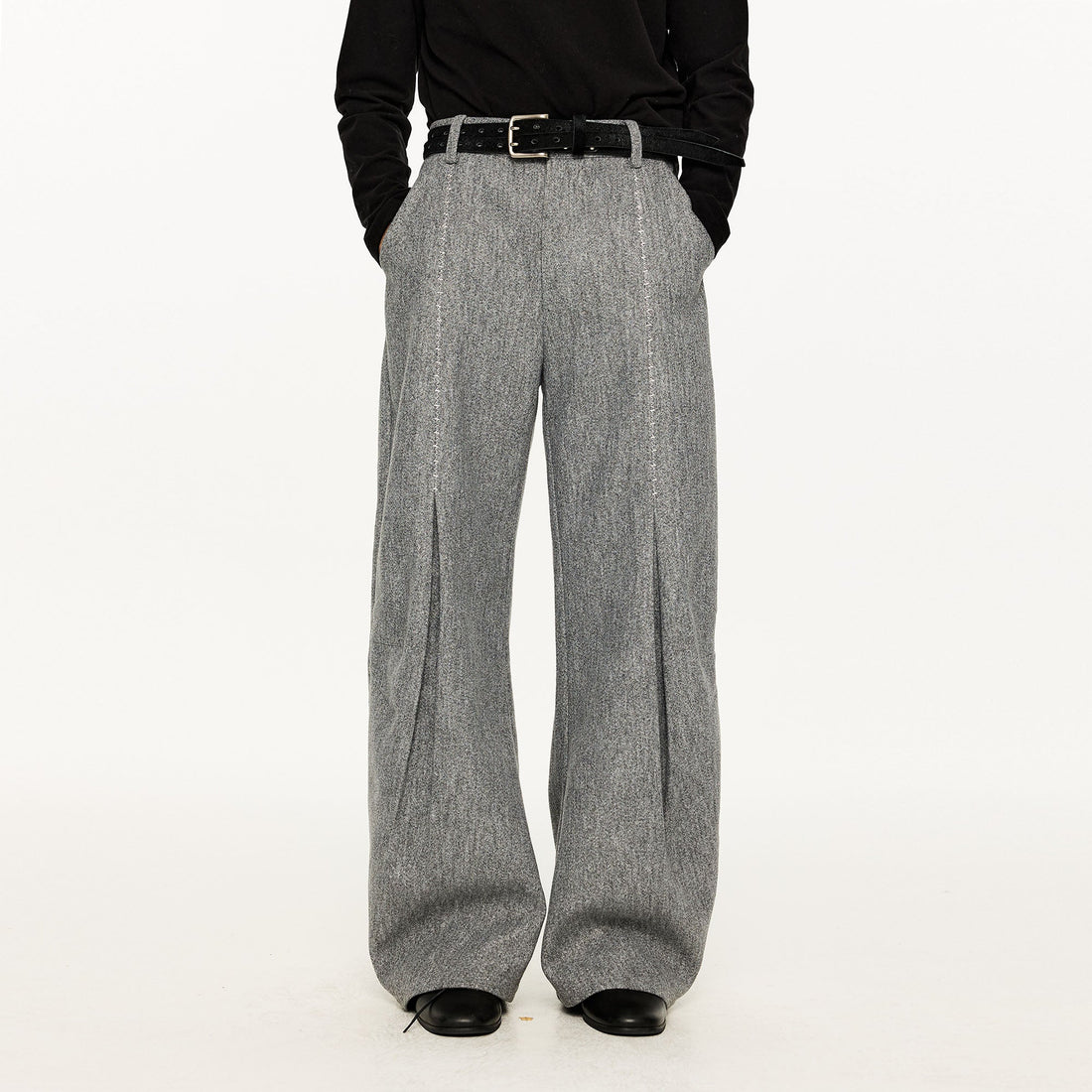 KREATE Middle Stitch Pleat Wide-Leg Trousers-Pants-S (Preorder)-Gray-Free Shipping Leatheretro