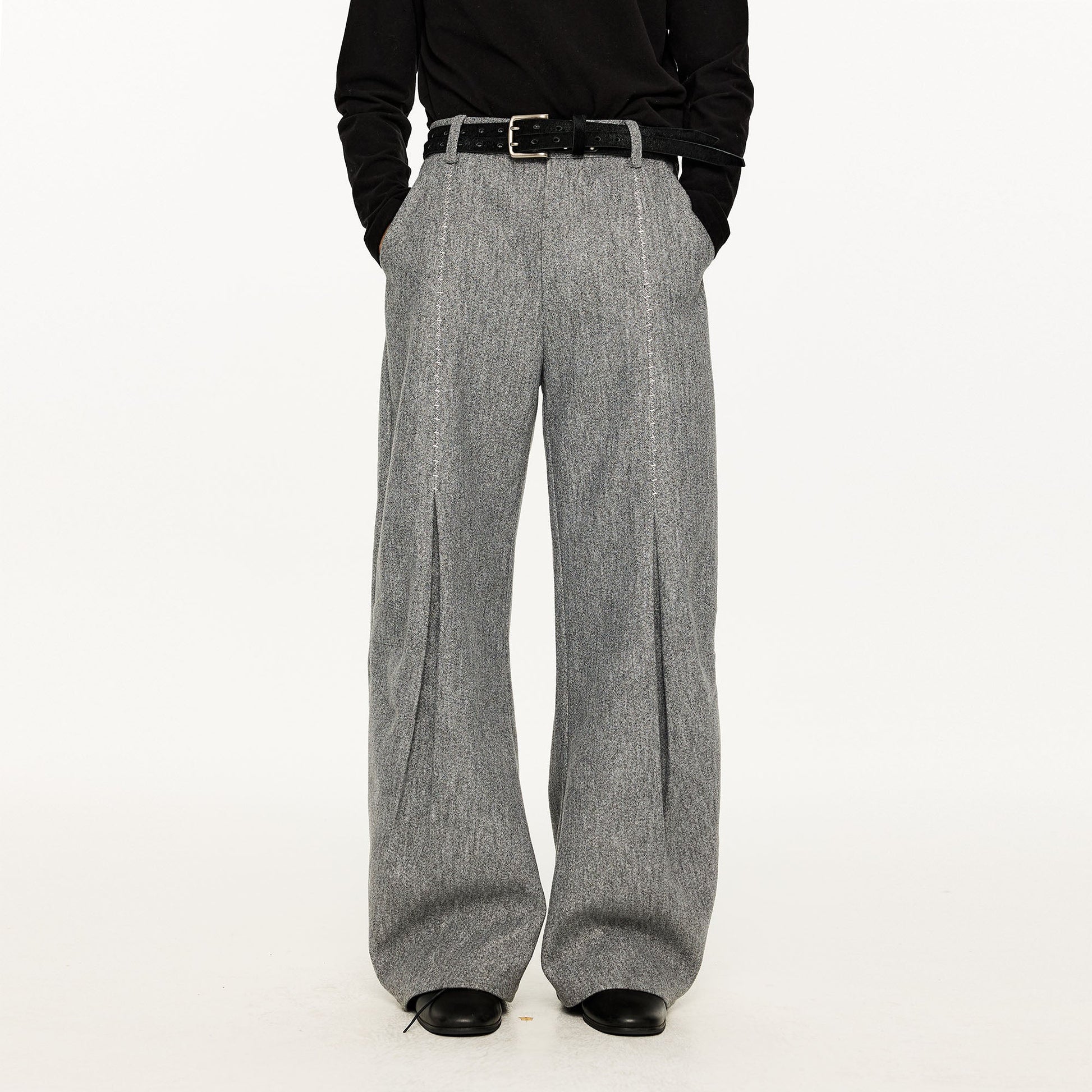 KREATE Middle Stitch Pleat Wide-Leg Trousers-Pants-S (Preorder)-Gray-Free Shipping Leatheretro