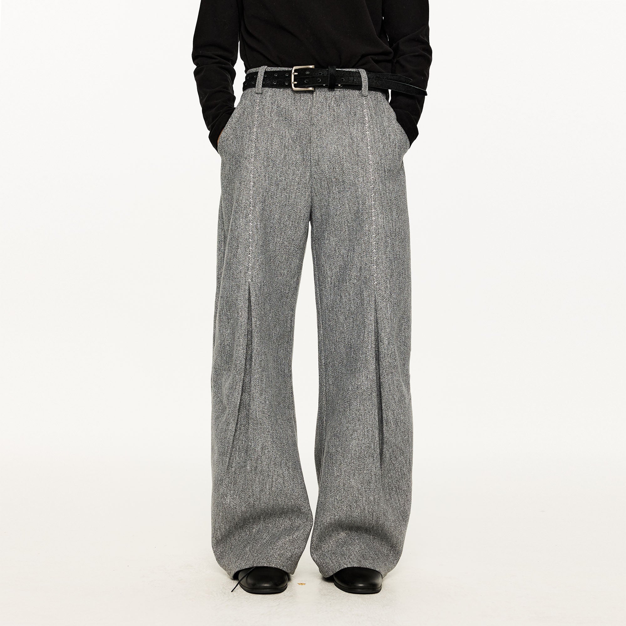 KREATE Middle Stitch Pleat Wide-Leg Trousers-Pants-S (Preorder)-Gray-Free Shipping Leatheretro