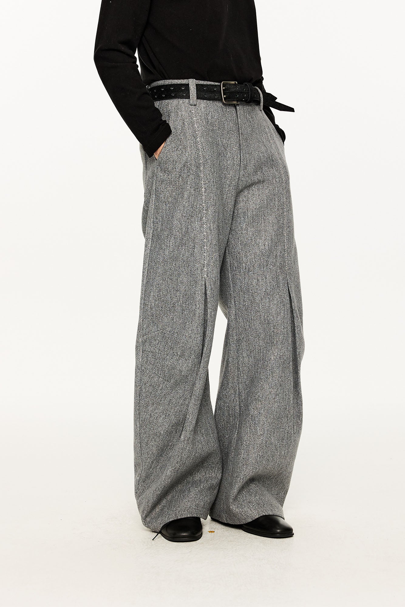 KREATE Middle Stitch Pleat Wide-Leg Trousers-Pants-S (Preorder)-Gray-Free Shipping Leatheretro