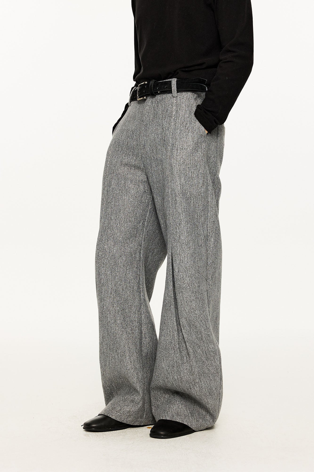 KREATE Middle Stitch Pleat Wide-Leg Trousers-Pants-S (Preorder)-Gray-Free Shipping Leatheretro