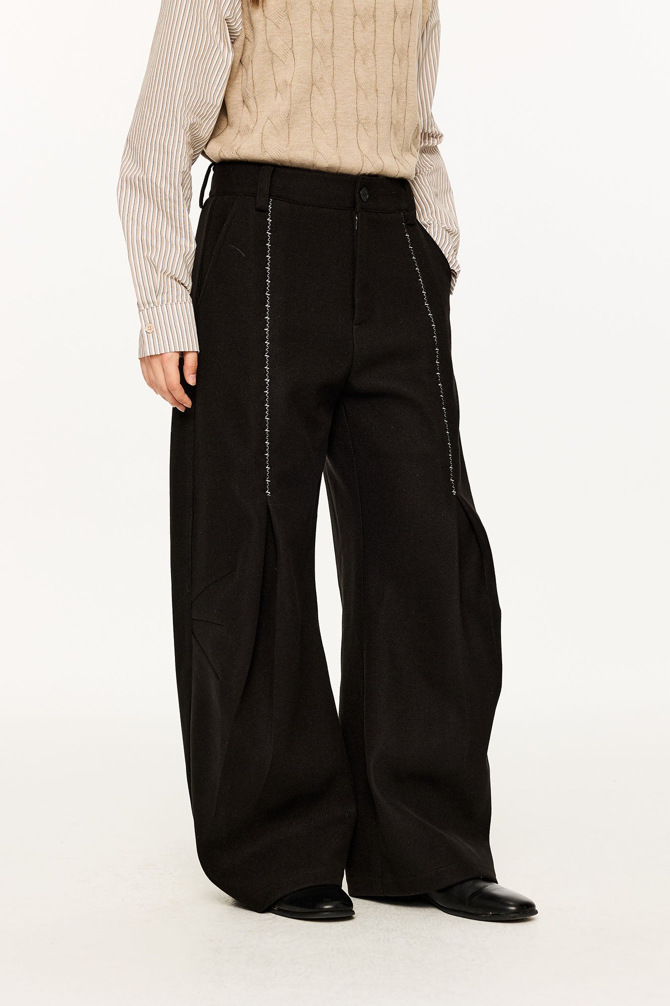 KREATE Middle Stitch Pleat Wide-Leg Trousers-Pants-S (Preorder)-Gray-Free Shipping Leatheretro