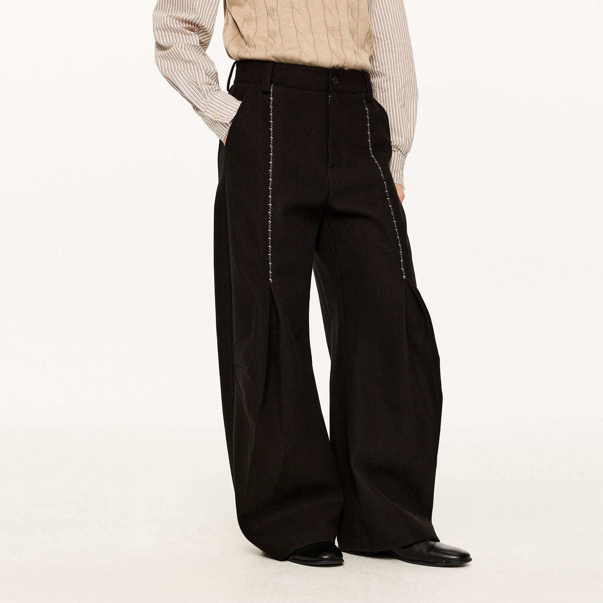 KREATE Middle Stitch Pleat Wide-Leg Trousers-Pants-S (Preorder)-Gray-Free Shipping Leatheretro