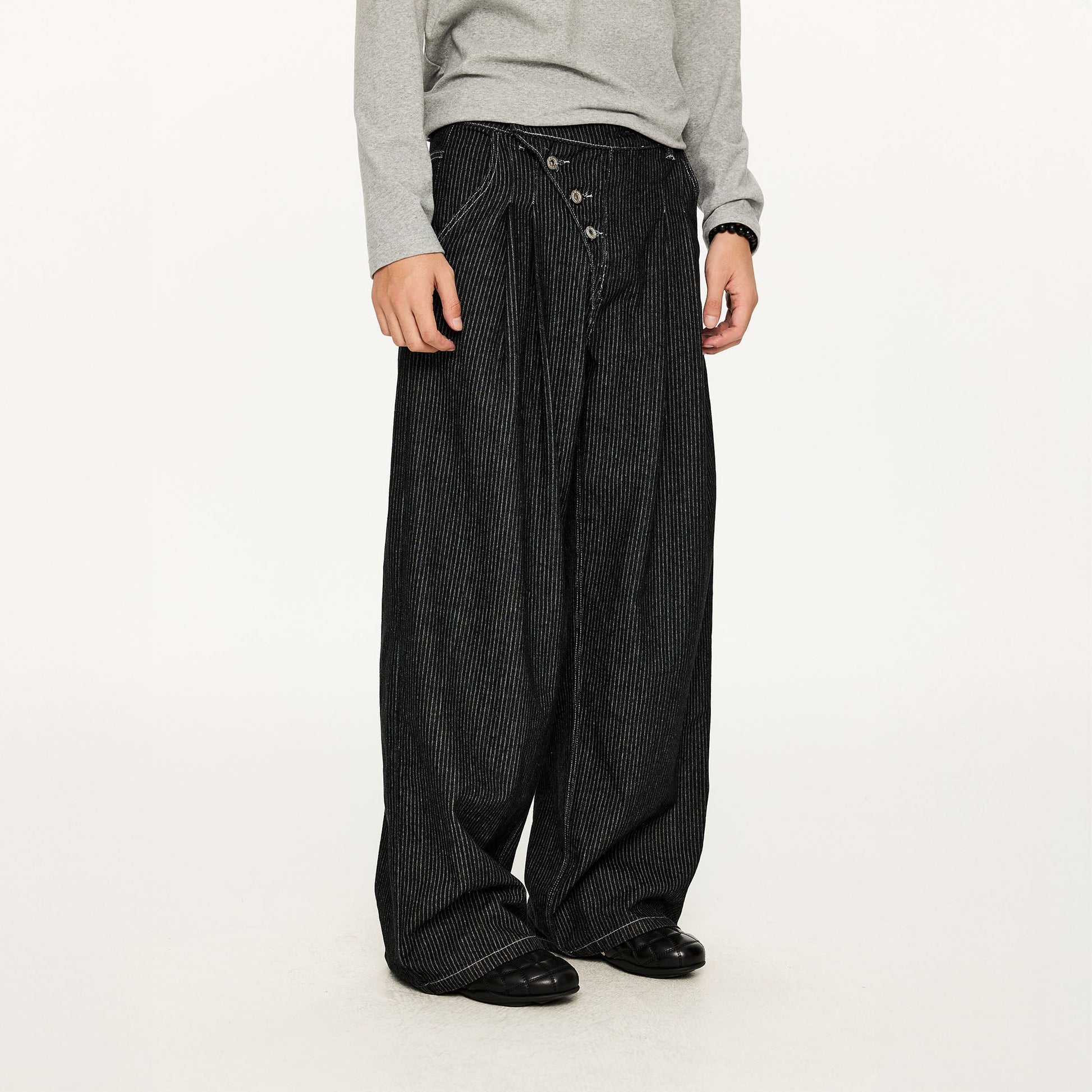 KREATE Asymmetric Button-Up Pleated Jeans-Jeans-S-Black-Free Shipping Leatheretro