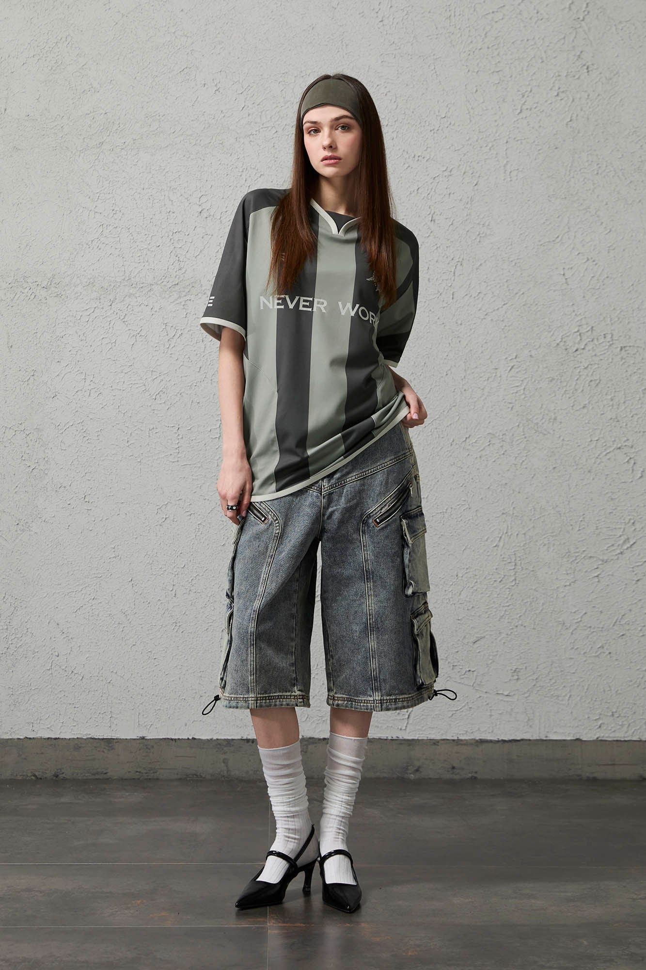 ORGANIC EMOTION Never Work Slogan Stripes Spliced Jersey-T Shirt-S-Gray-Free Shipping Leatheretro