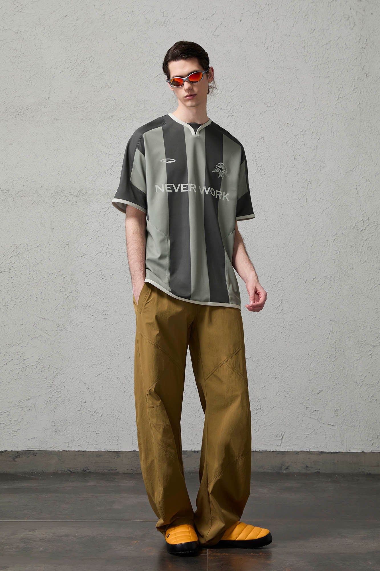 ORGANIC EMOTION Never Work Slogan Stripes Spliced Jersey-T Shirt-S-Gray-Free Shipping Leatheretro
