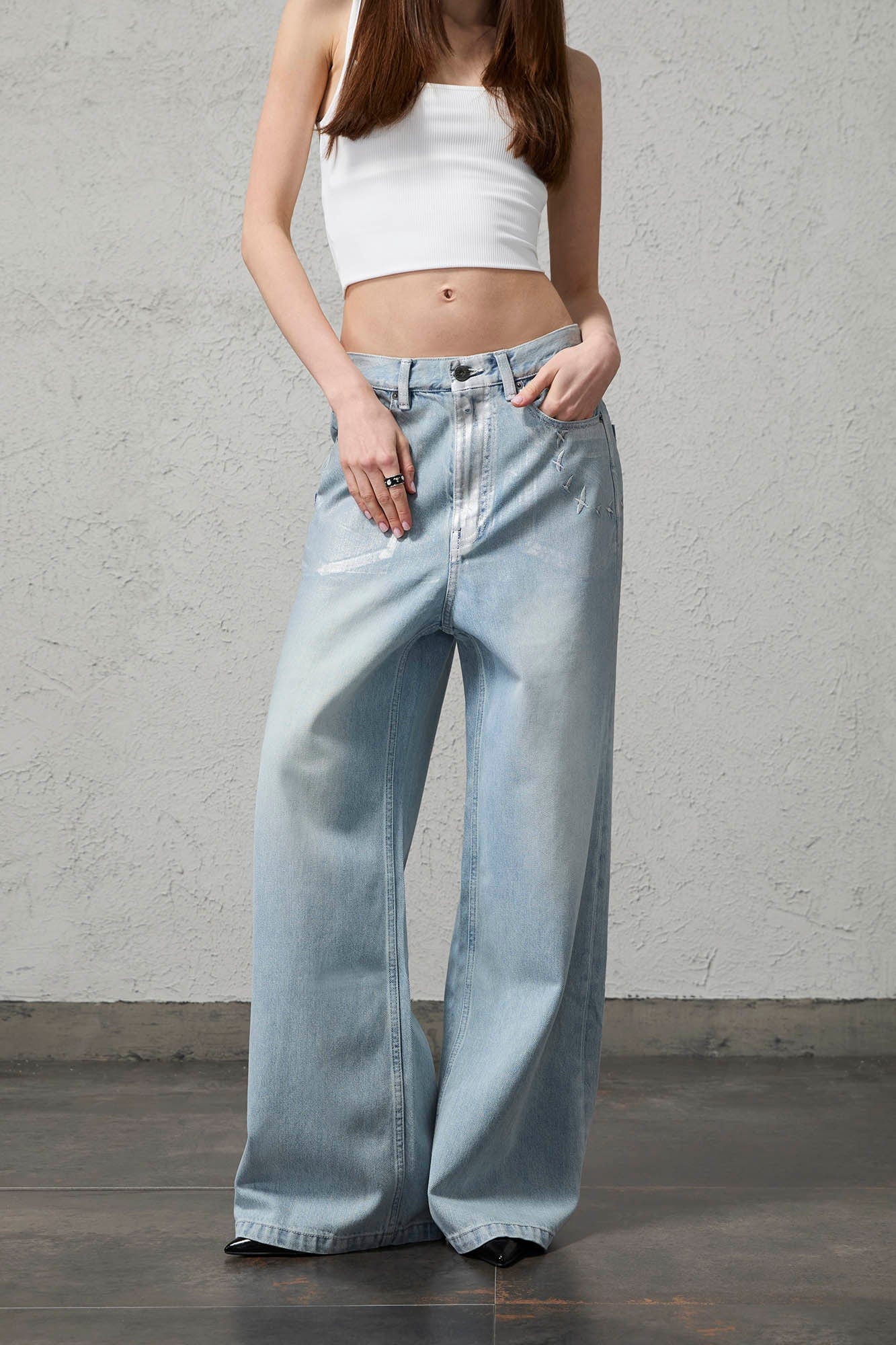 ORGANIC EMOTION Flying Bird Embroidered Washed Wide-Leg Jeans-Jeans-XS-Free Shipping Leatheretro