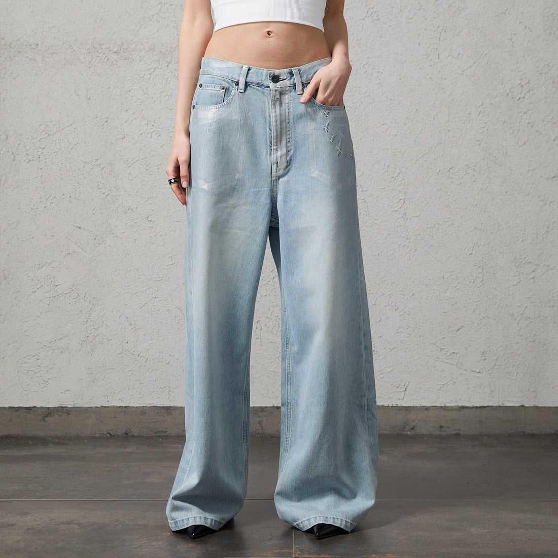ORGANIC EMOTION Flying Bird Embroidered Washed Wide-Leg Jeans-Jeans-XS-Free Shipping Leatheretro