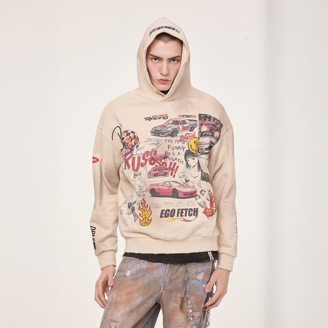 EGOFETCH Distressed Racing Anime Graphic Hoodie-Hoodie-S-Free Shipping Leatheretro