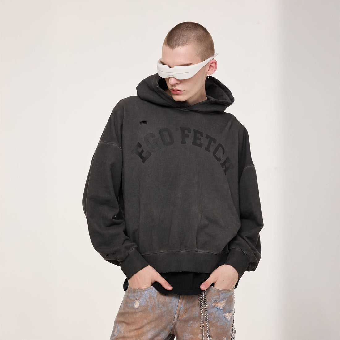 EGOFETCH Distressed Washed Hoodie-Hoodie-S-Black-Free Shipping Leatheretro