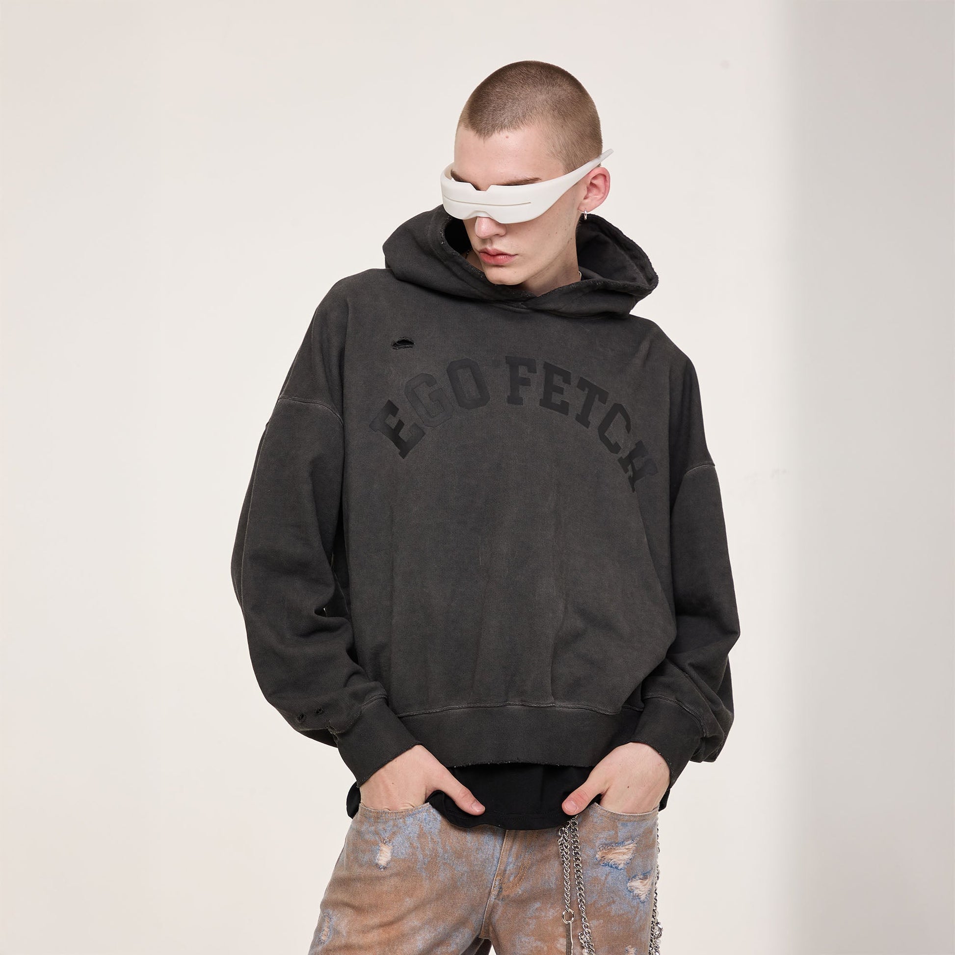 EGOFETCH Distressed Washed Hoodie-Hoodie-S-Black-Free Shipping Leatheretro