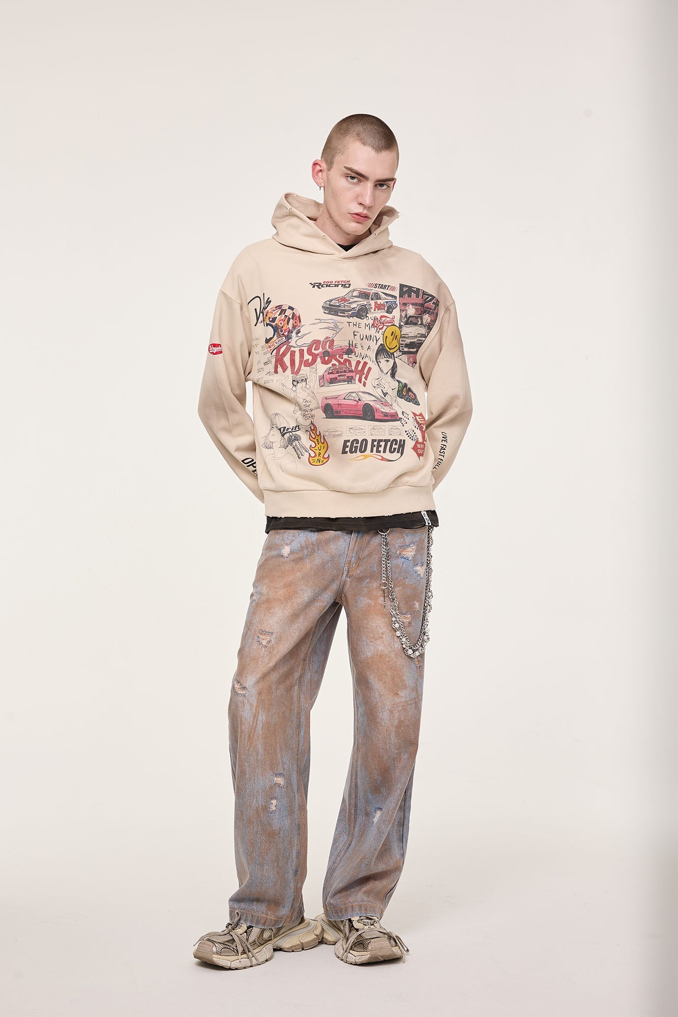 EGOFETCH Distressed Racing Anime Graphic Hoodie-Hoodie-S-Free Shipping Leatheretro