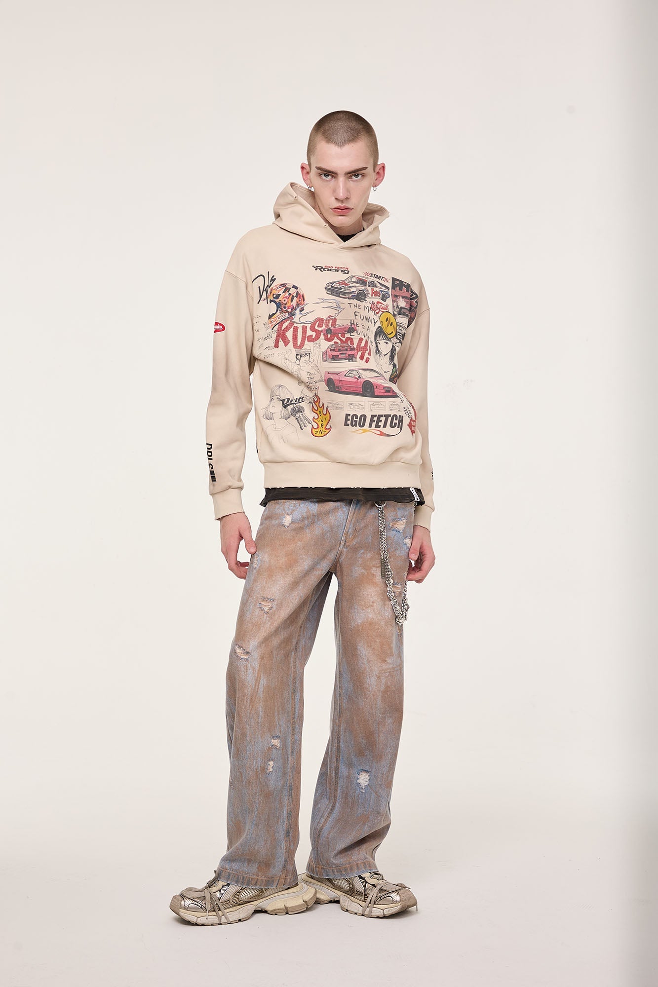 EGOFETCH Distressed Racing Anime Graphic Hoodie-Hoodie-S-Free Shipping Leatheretro