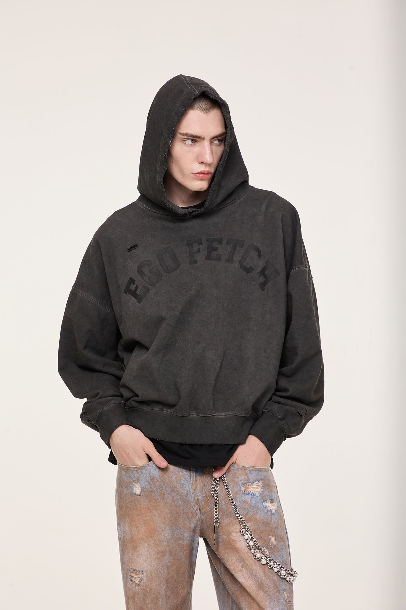 EGOFETCH Distressed Washed Hoodie-Hoodie-S-Black-Free Shipping Leatheretro