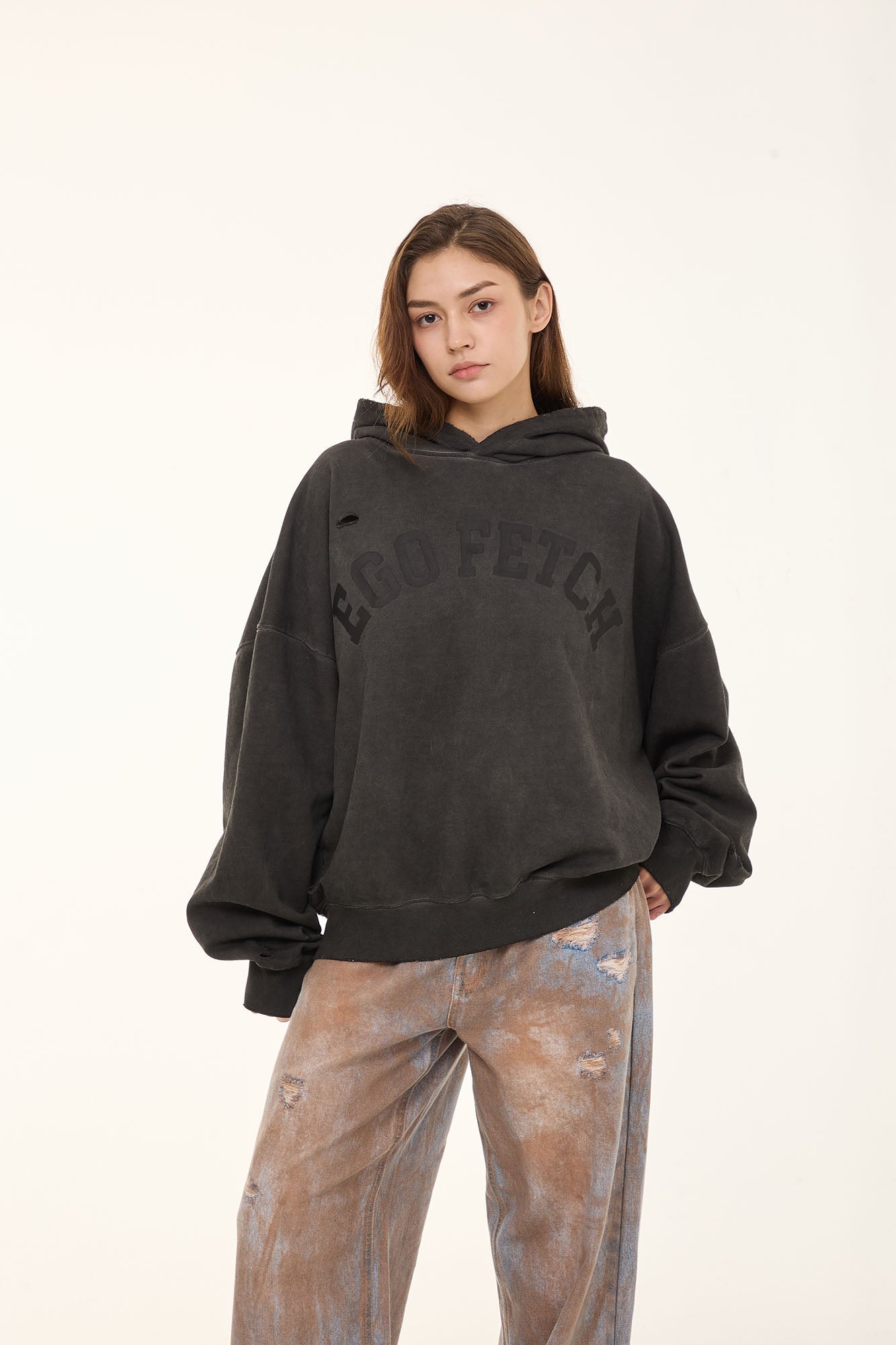 EGOFETCH Distressed Washed Hoodie-Hoodie-S-Black-Free Shipping Leatheretro